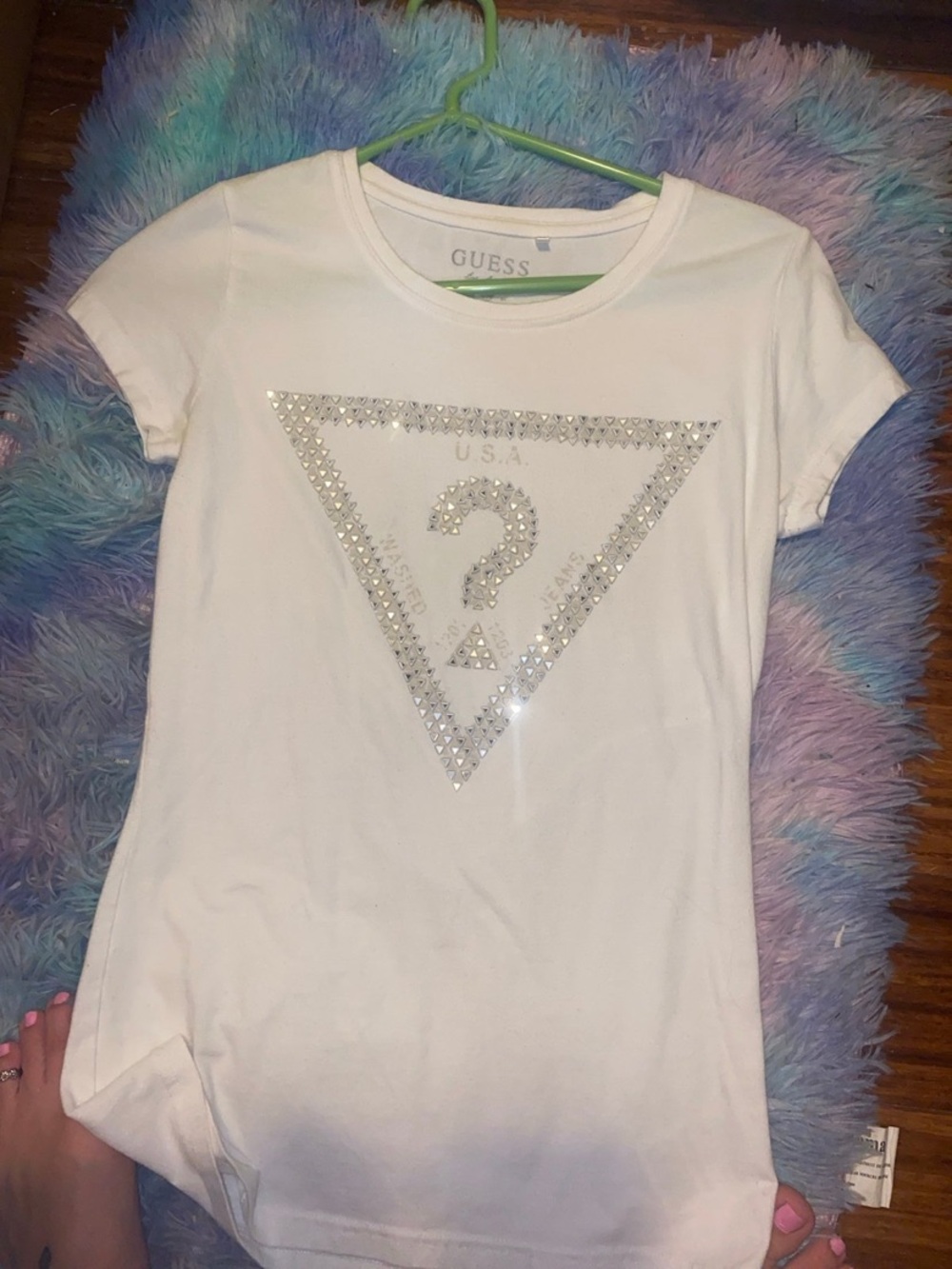 Guess White Tee with Silver Rhinestone Triangle Logo